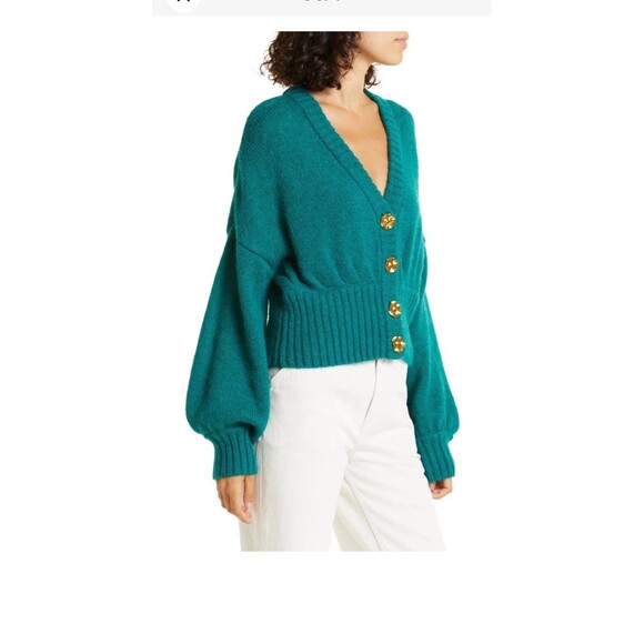Farm Rio Cardigan Emerald Green Bubble Knit L NEW Button V Neck Long Sleeve - Picture 14 of 16